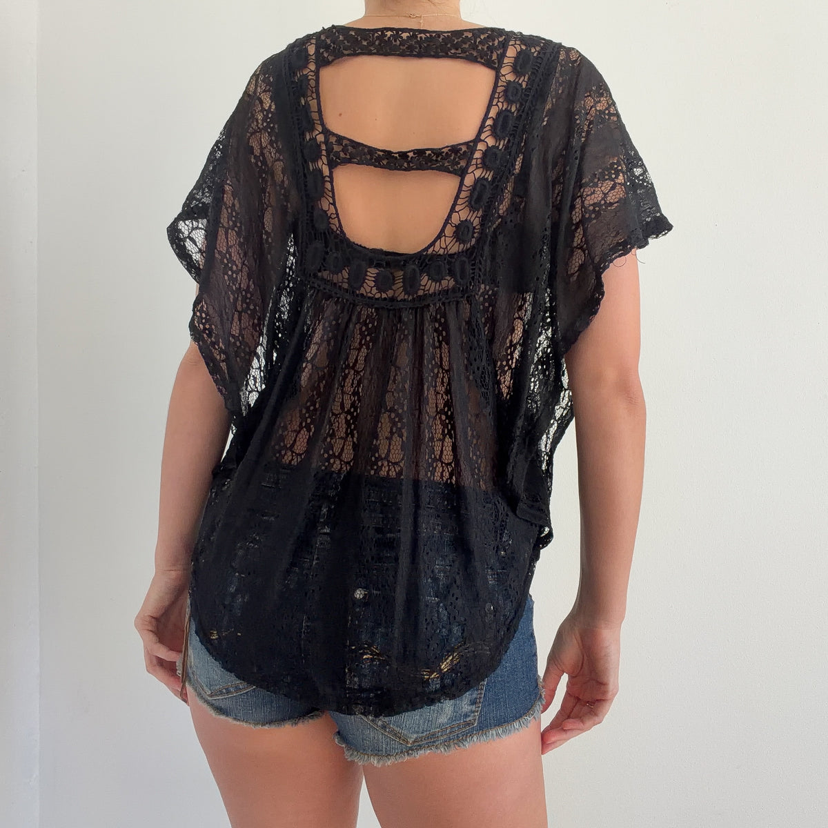 Y2K Black Lace Crochet Butterfly Top / One Size