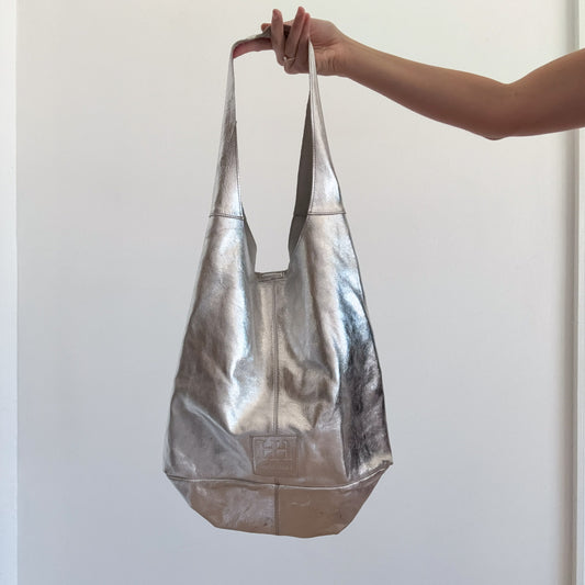 Y2K Silver Metallic Leather Hobo Bag
