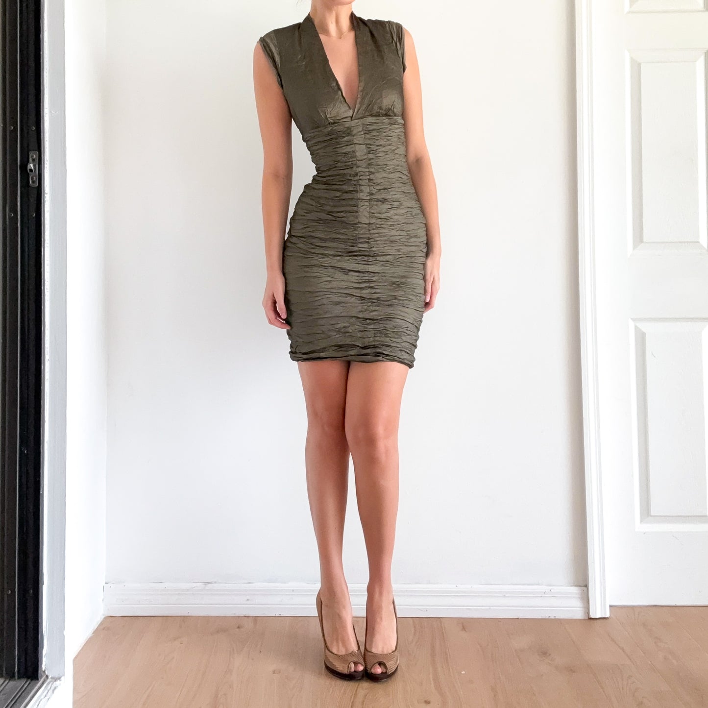 Y2K Nicole Miller Olive Crinkle Pleat Cocktail Dress / SZ M