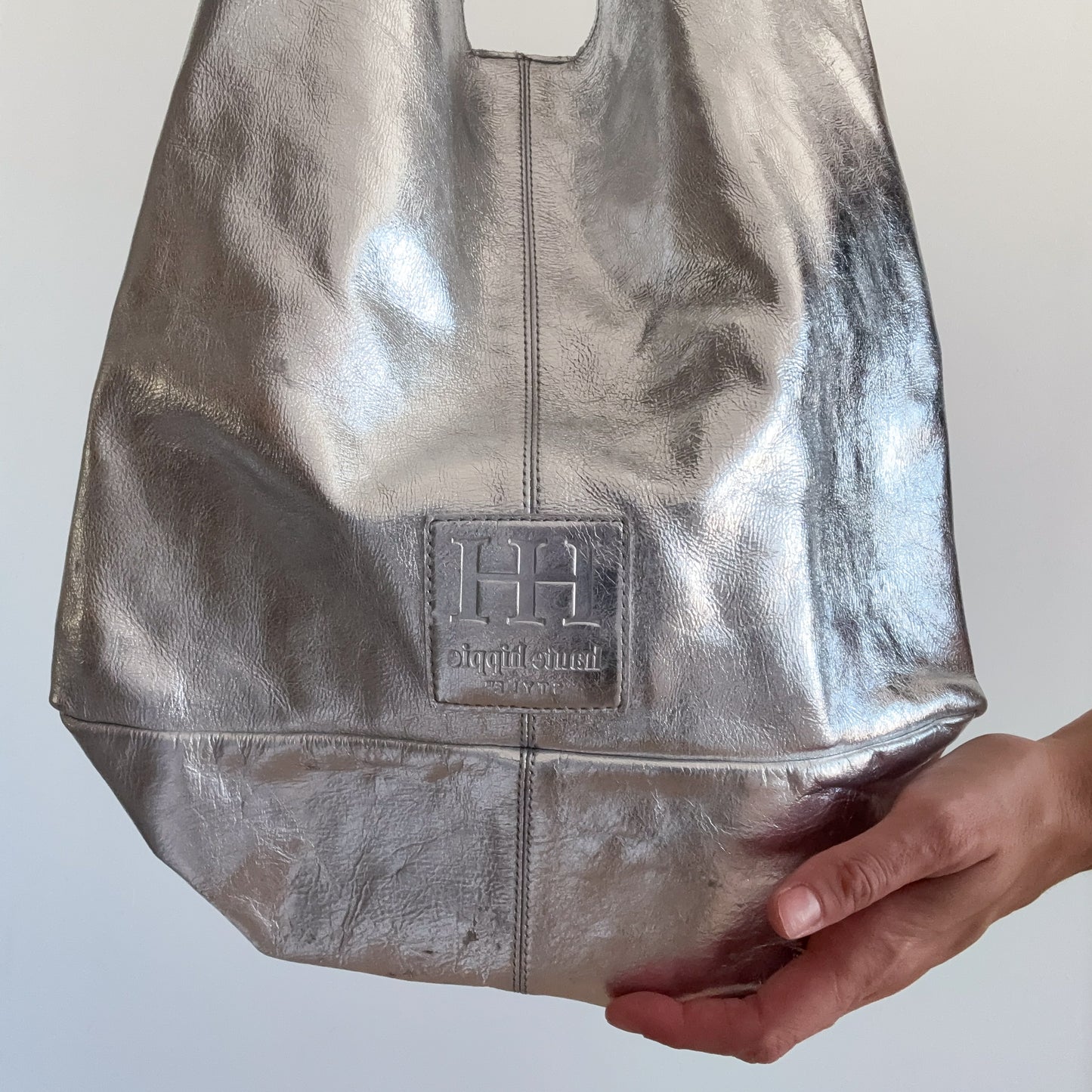 Y2K Silver Metallic Leather Hobo Bag
