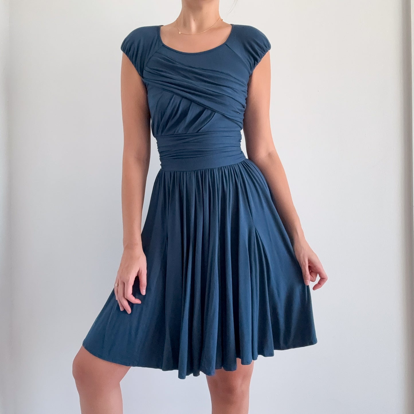 Y2K Peacock Pleated Rayon Midi Dress / SZ XS-S