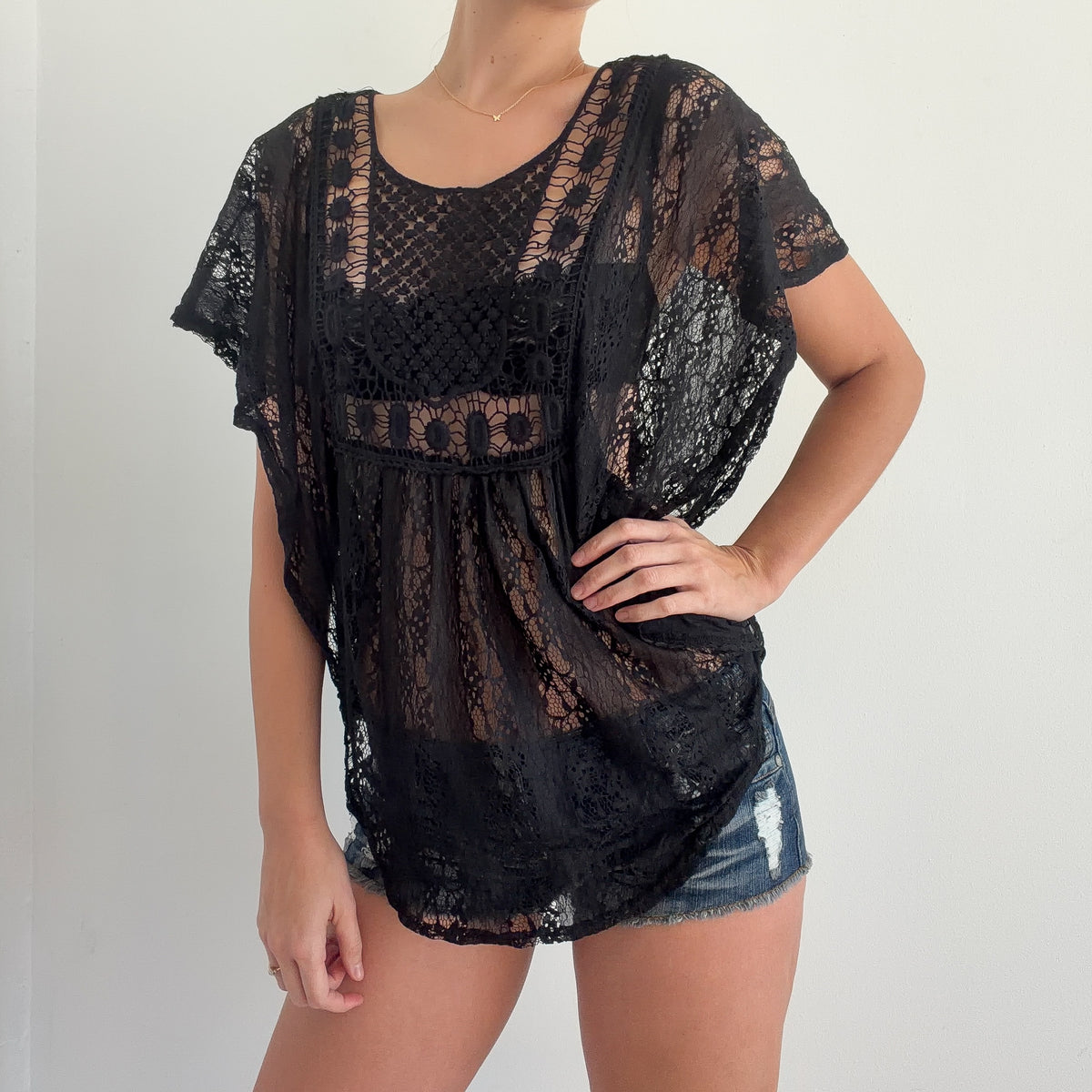 Y2K Black Lace Crochet Butterfly Top / One Size