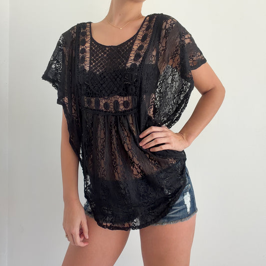 Y2K Black Lace Crochet Butterfly Top / One Size