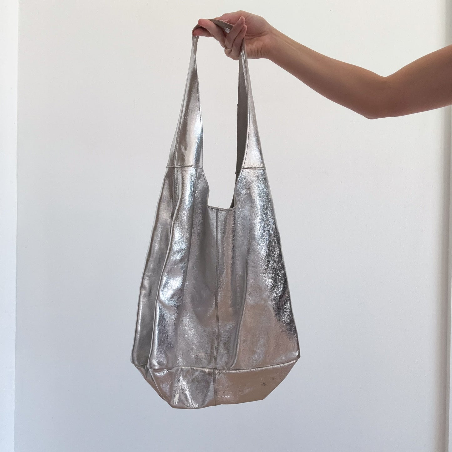 Y2K Silver Metallic Leather Hobo Bag