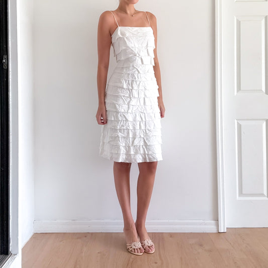 Y2K White Linen Tiered Midi Dress / SZ 2