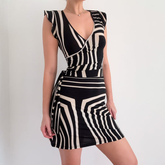 Y2K Black & Cream Printed Mini Dress / SZ S