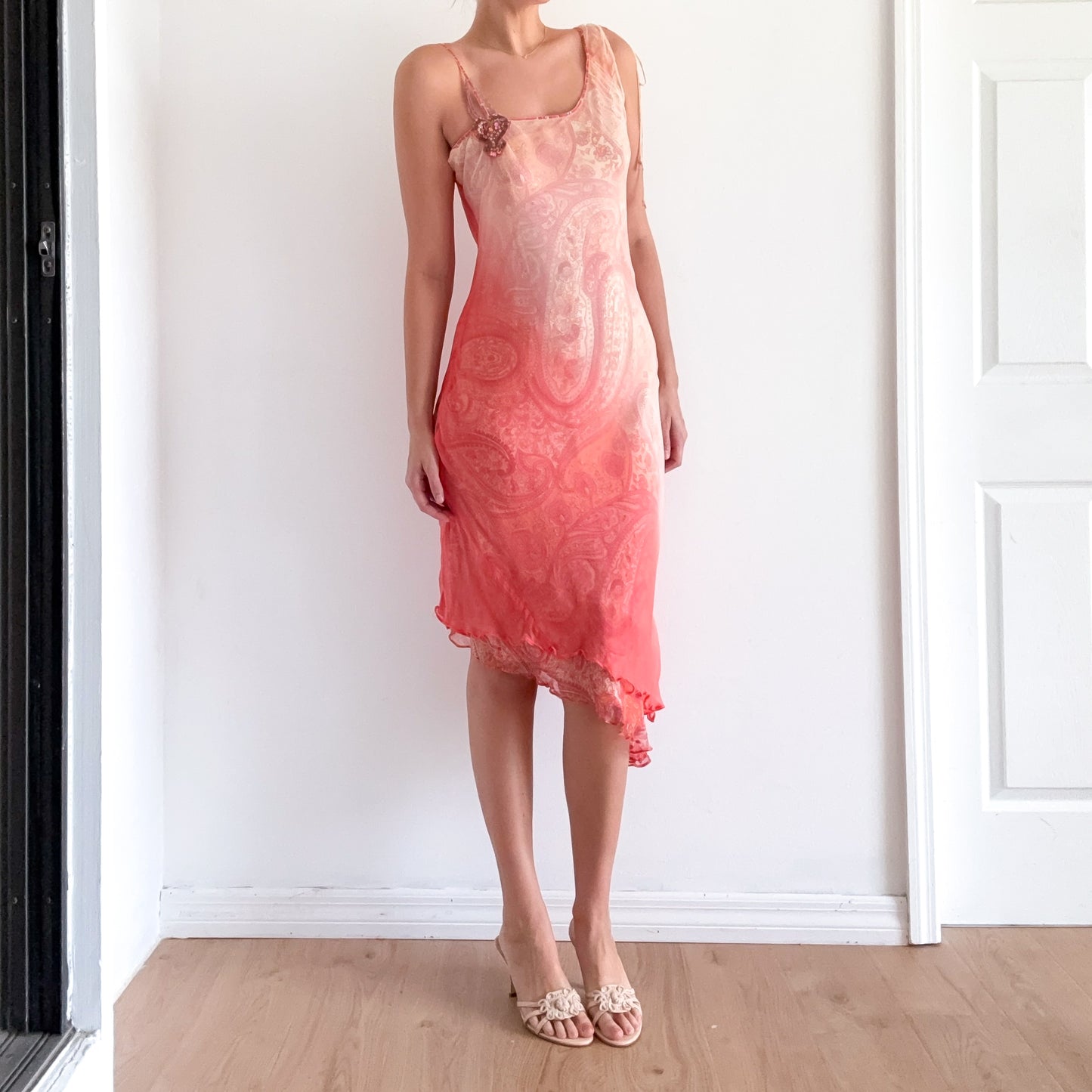 Y2K Coral Paisley Beaded Midi Dress / SZ M