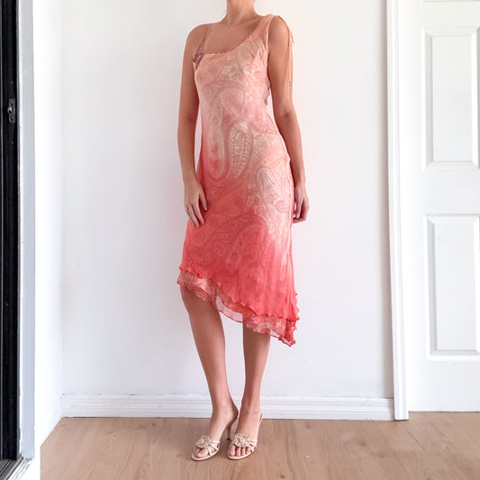 Y2K Coral Paisley Beaded Midi Dress / SZ M