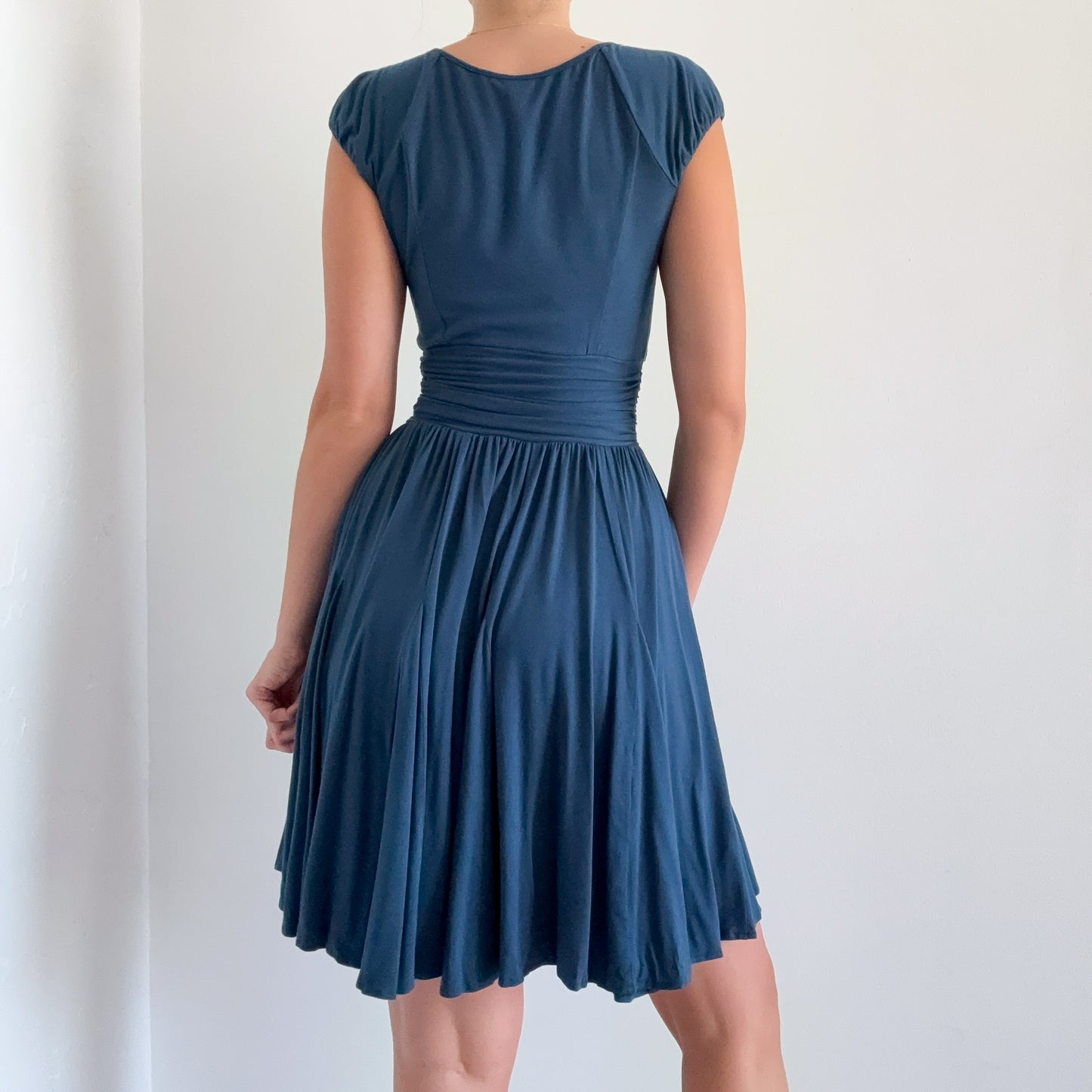 Y2K Peacock Pleated Rayon Midi Dress / SZ XS-S
