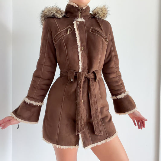 Y2K Esprit Brown Furry Hooded Coat / SZ S