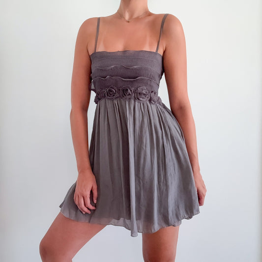 Y2K Grey Pleated Rosette Mini Dress / SZ S-M