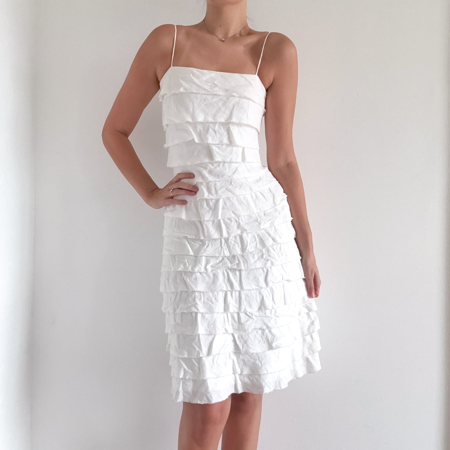 Y2K White Linen Tiered Midi Dress / SZ 2
