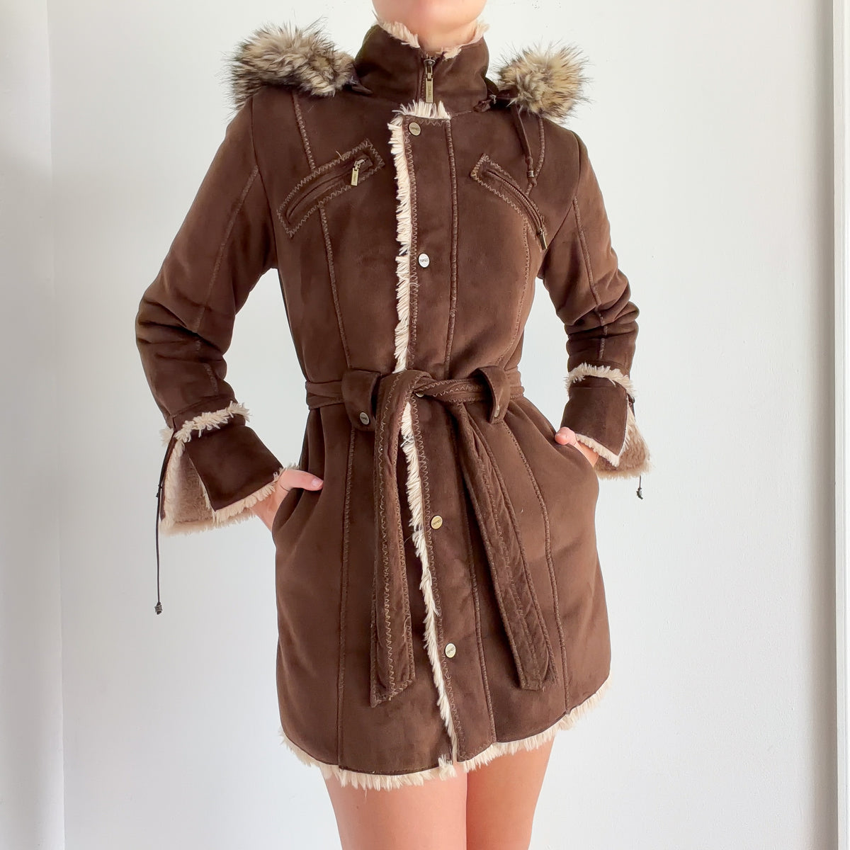 Y2K Esprit Brown Furry Hooded Coat / SZ S