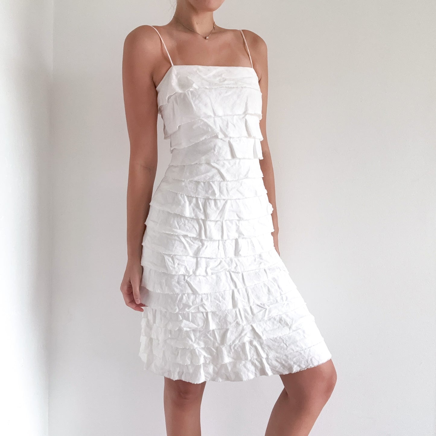 Y2K White Linen Tiered Midi Dress / SZ 2