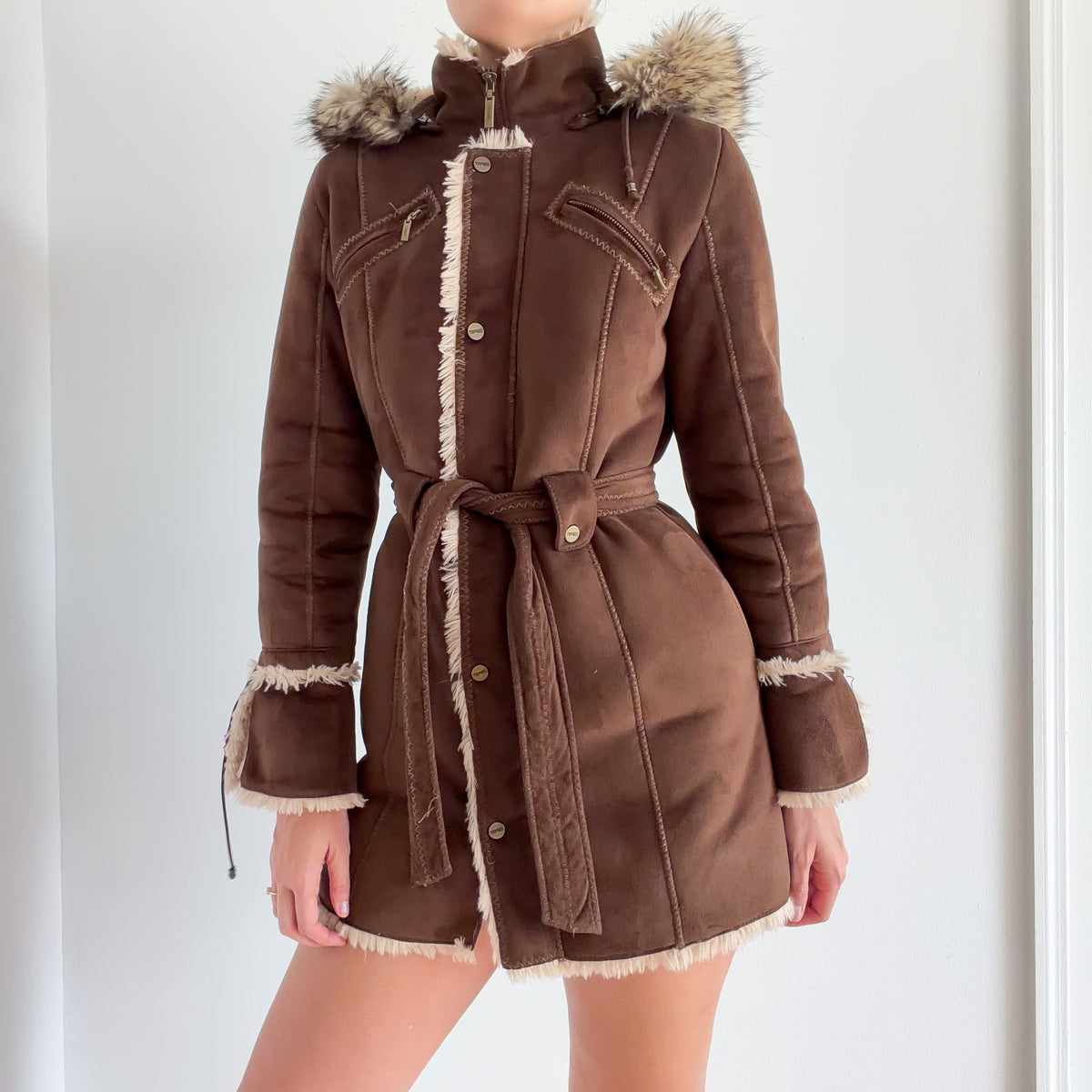 Y2K Esprit Brown Furry Hooded Coat / SZ S