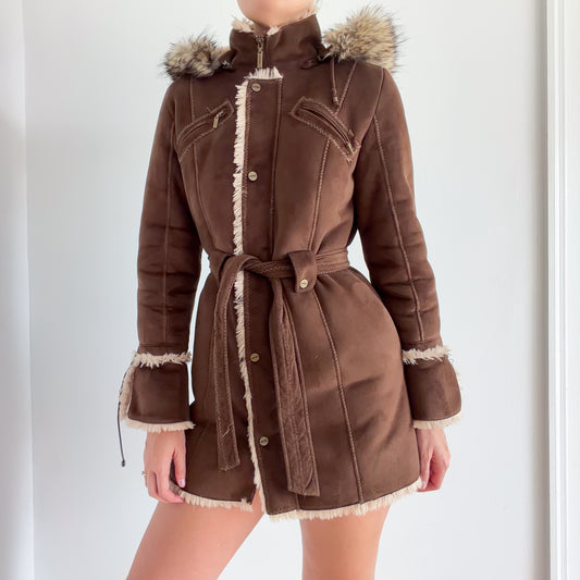 Y2K Esprit Brown Furry Hooded Coat / SZ S