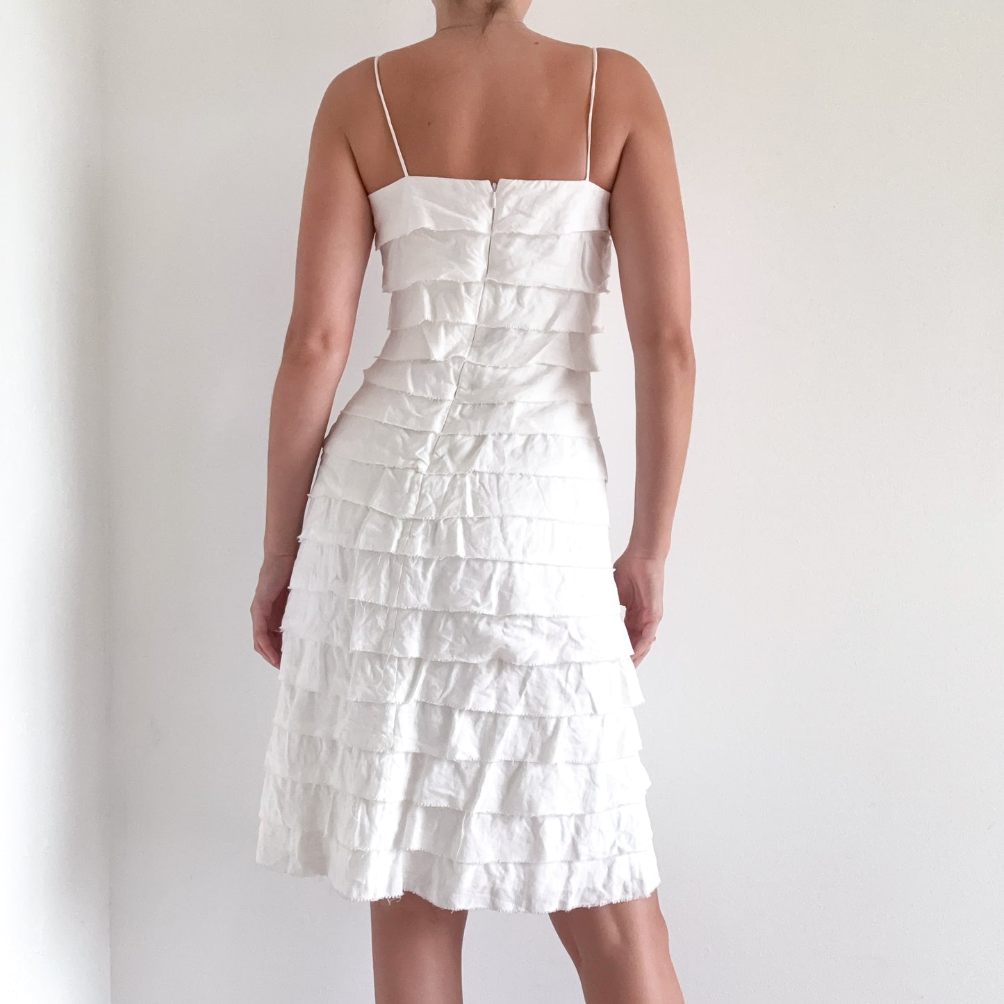 Y2K White Linen Tiered Midi Dress / SZ 2