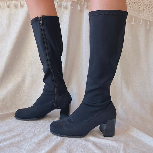 Y2K Black Neoprene Knee High Boots / SZ 7.5