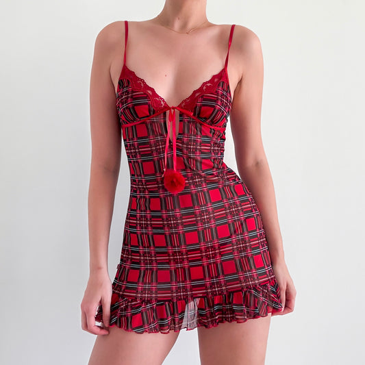 Y2K Red Plaid Mesh Nighty / SZ S