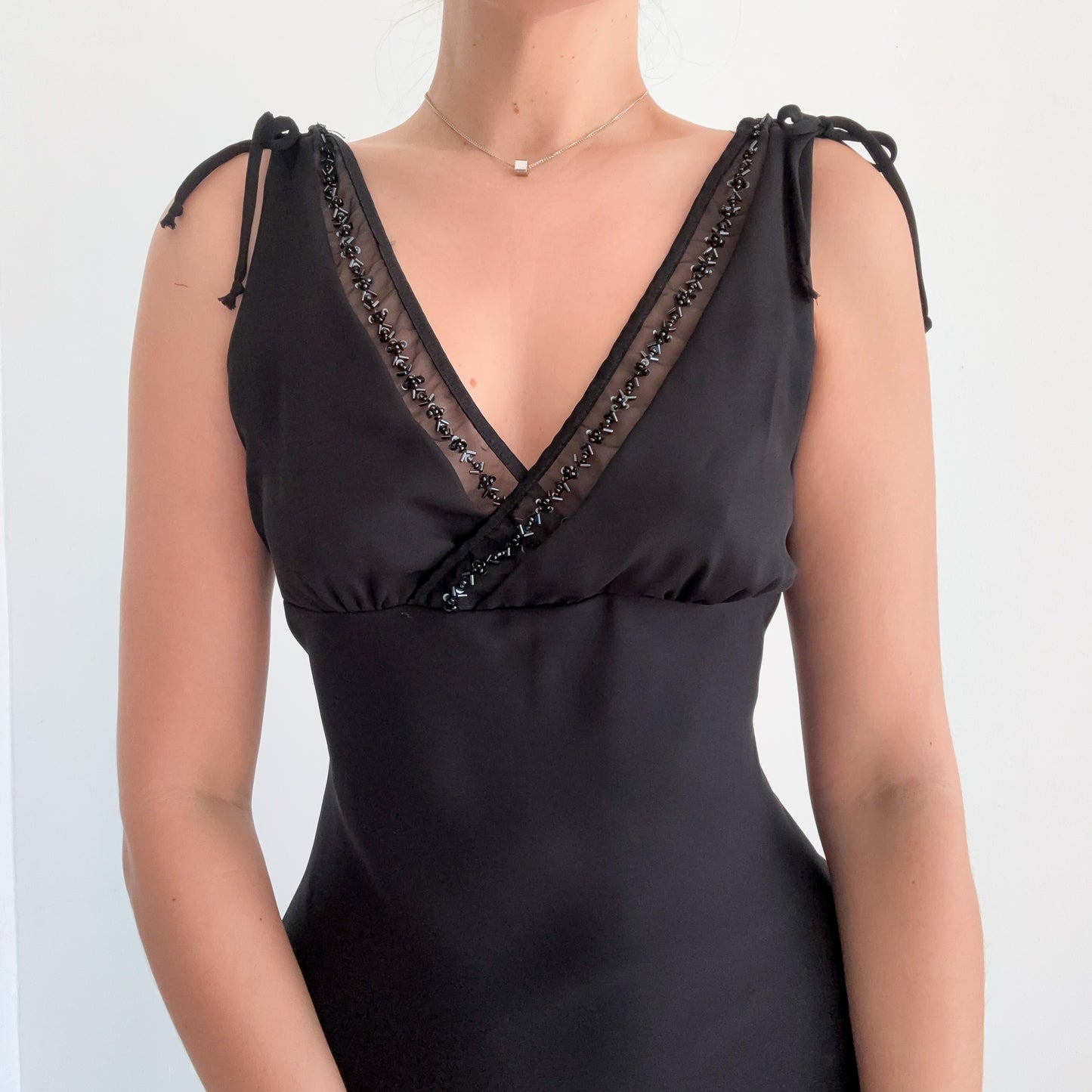 Y2K Black Beaded Chiffon Midi Dress / SZ S