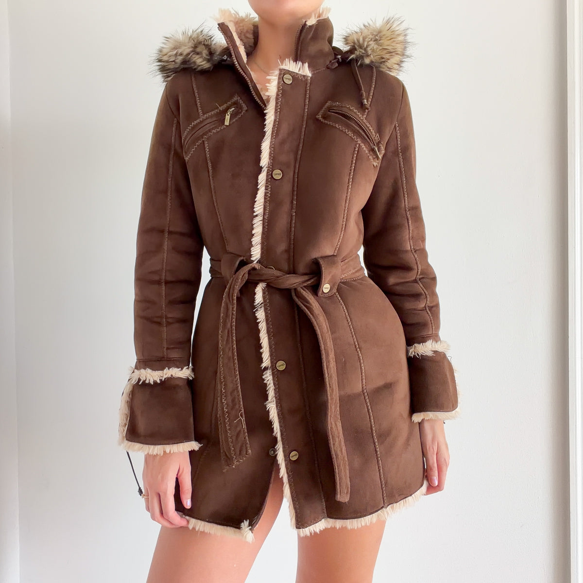 Y2K Esprit Brown Furry Hooded Coat / SZ S