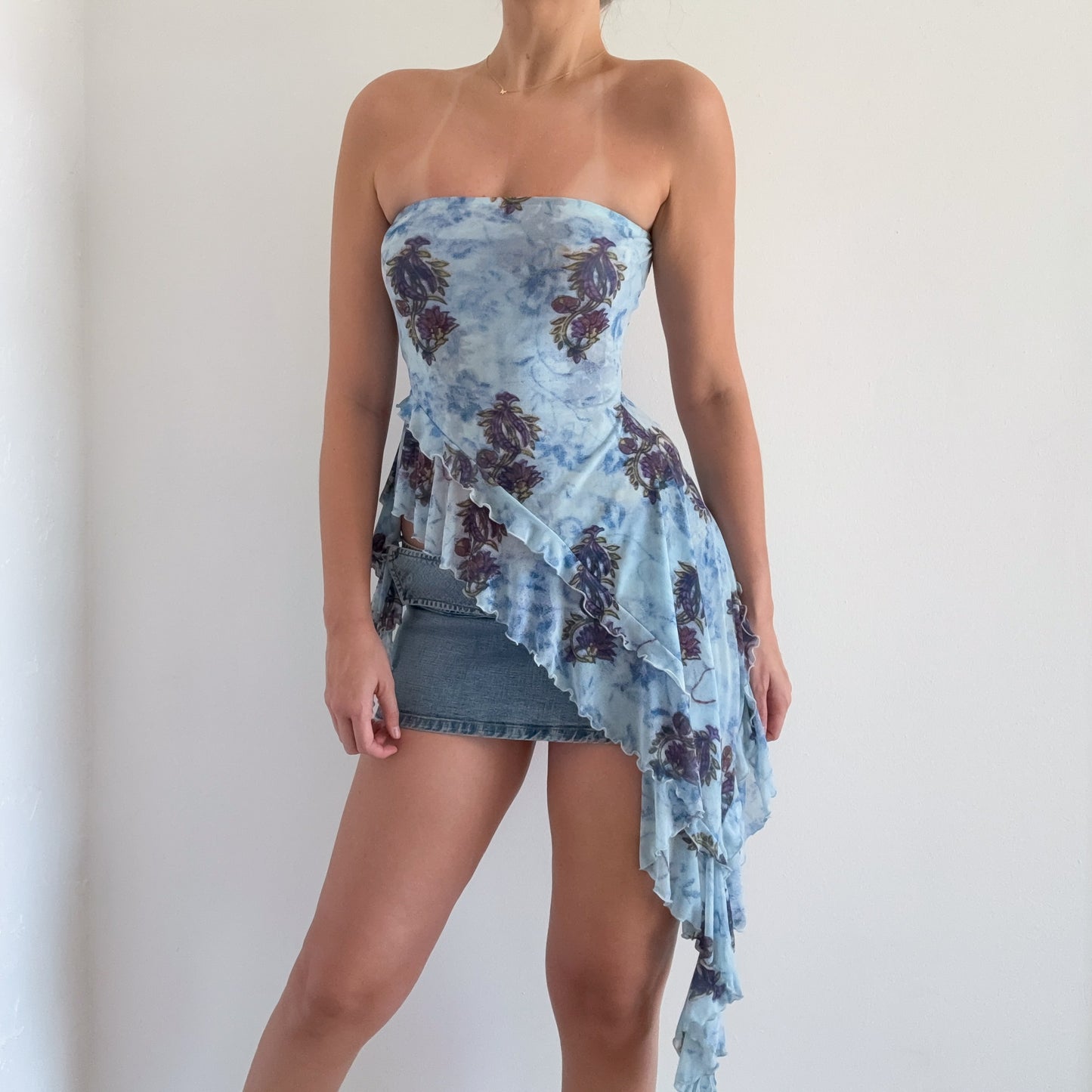 Free People Blue Printed Mesh Asymmetric Top / SZ S