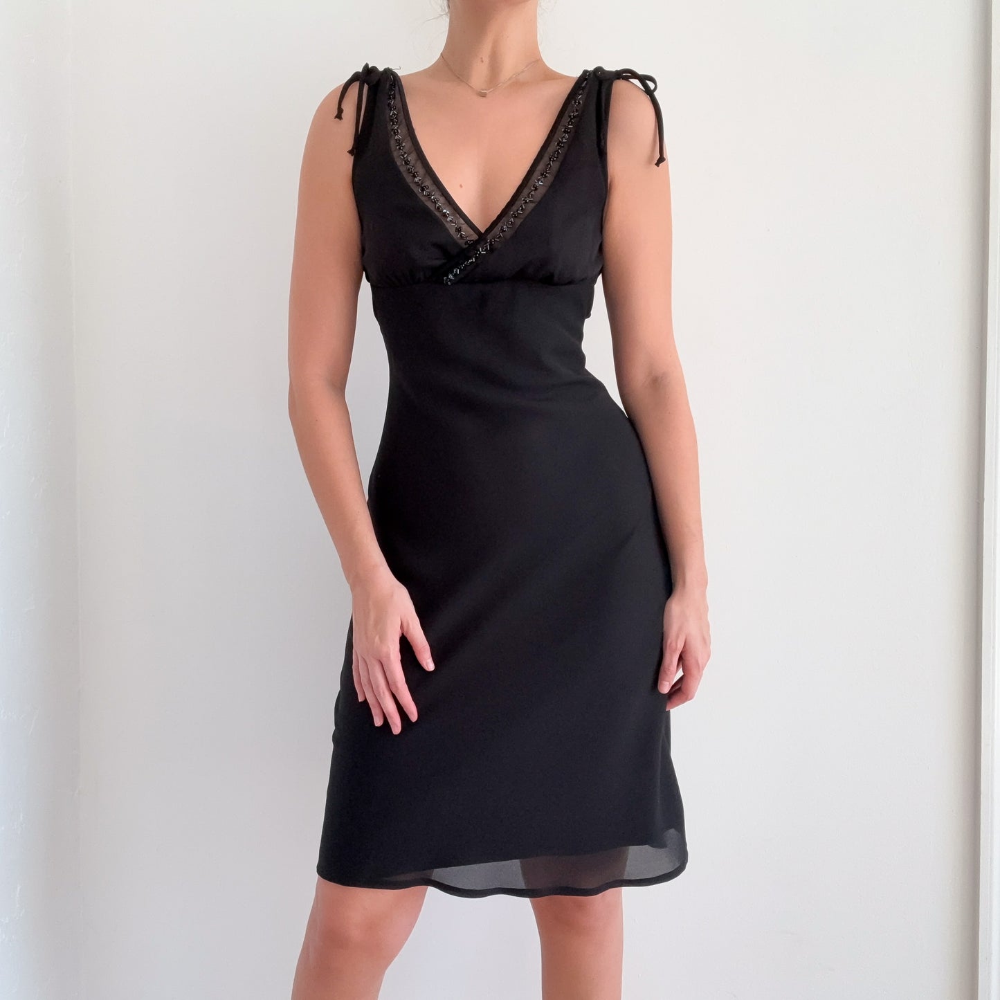 Y2K Black Beaded Chiffon Midi Dress / SZ S