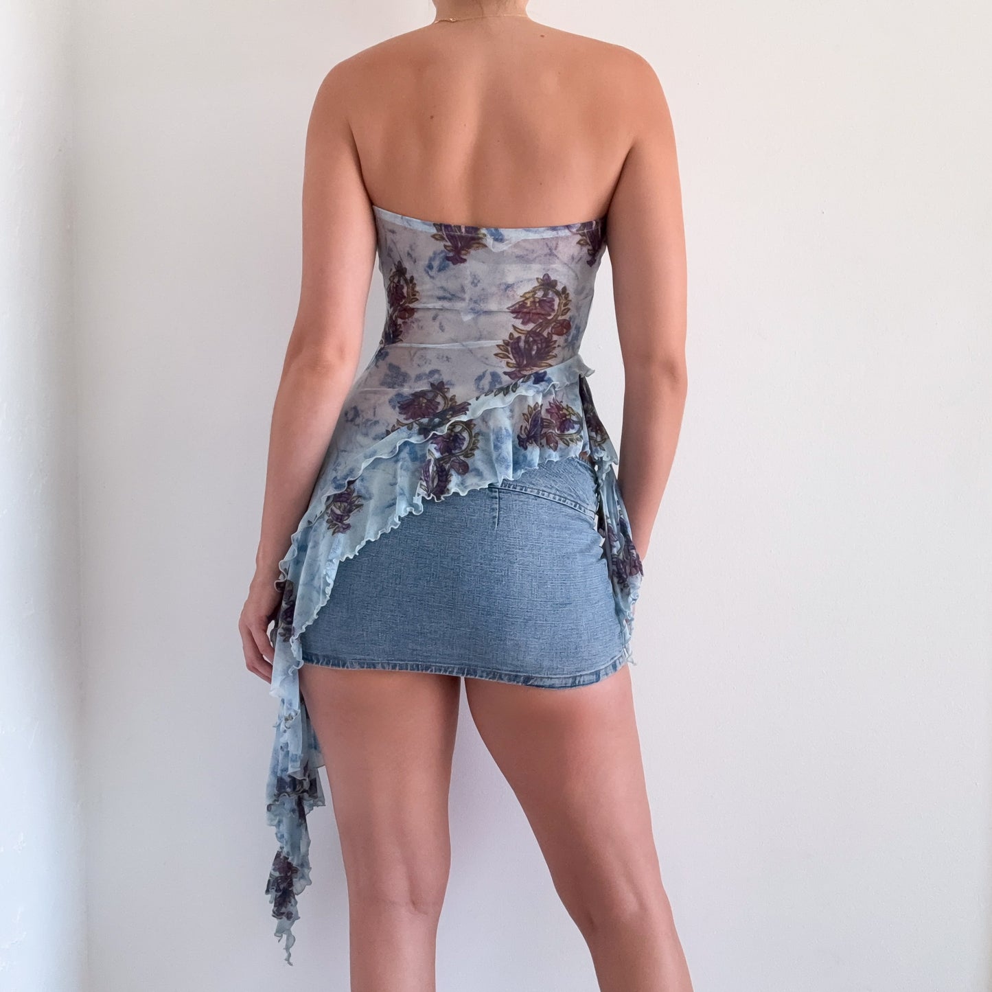 Free People Blue Printed Mesh Asymmetric Top / SZ S