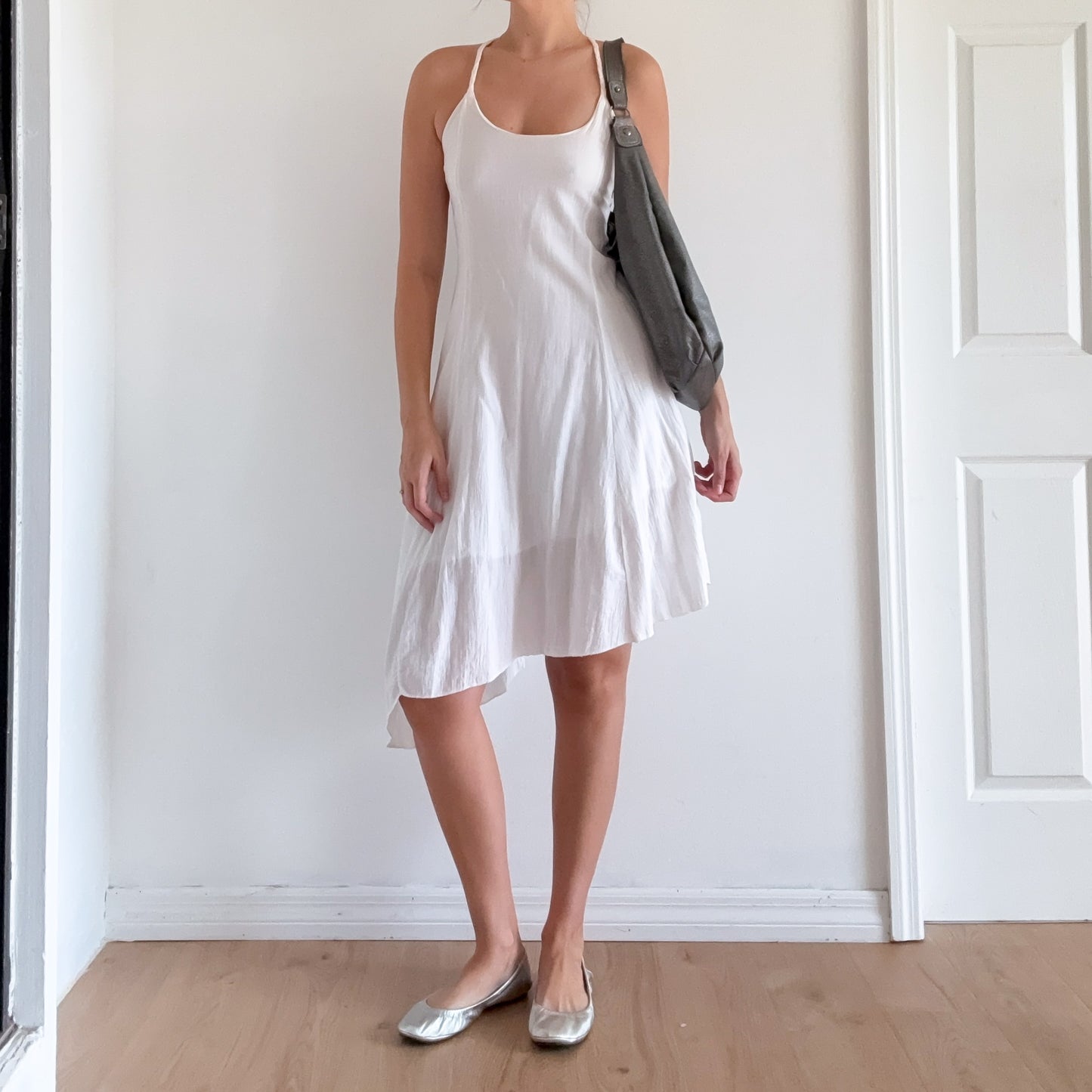 Y2K French White Cotton Asymmetric Midi Dress / SZ S-M