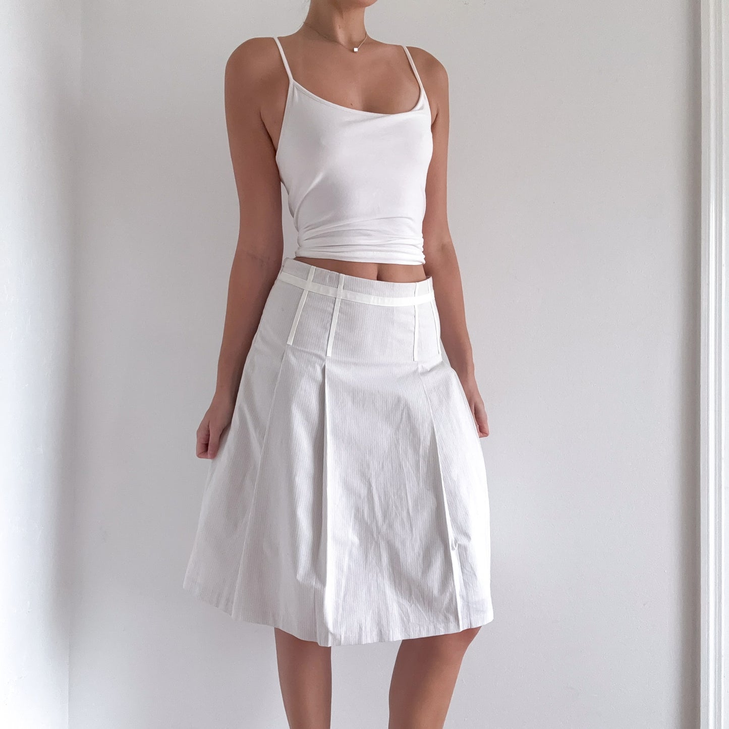 Y2K White Cotton Pinstripe Pleated Midi Skirt / SZ 2-6