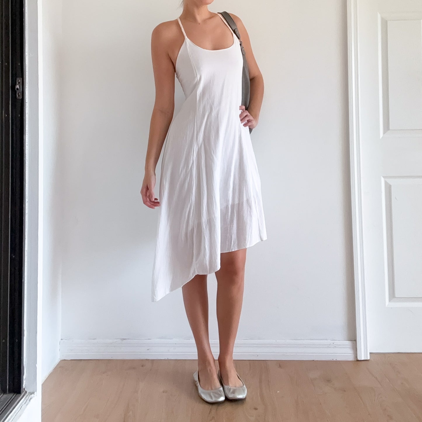 Y2K French White Cotton Asymmetric Midi Dress / SZ S-M