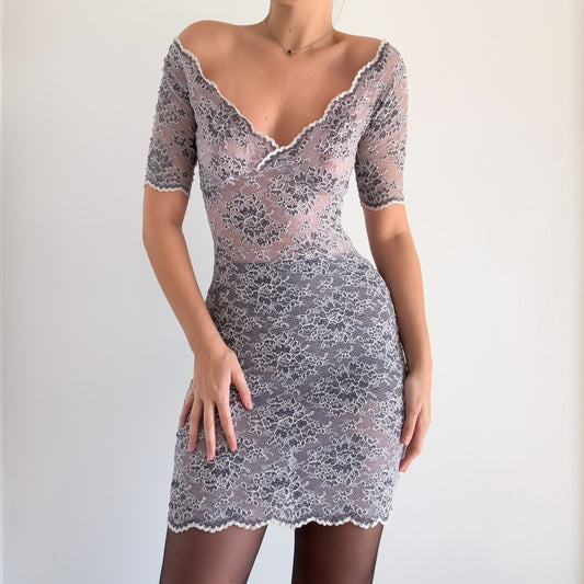 Y2K Lavender Floral Stretch Lace Dress / SZ S
