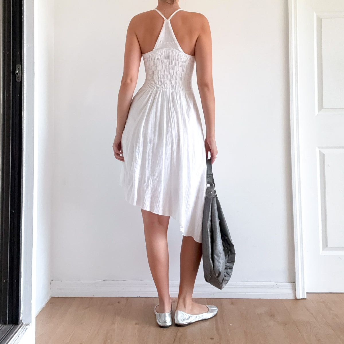 Y2K French White Cotton Asymmetric Midi Dress / SZ S-M