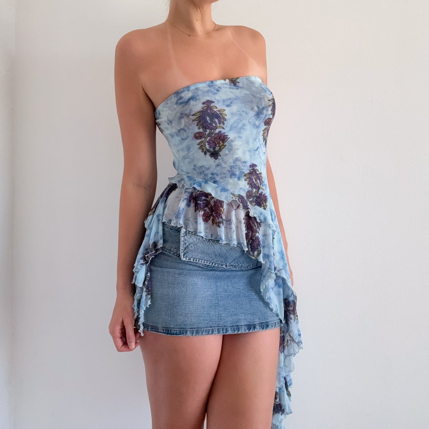 Free People Blue Printed Mesh Asymmetric Top / SZ S