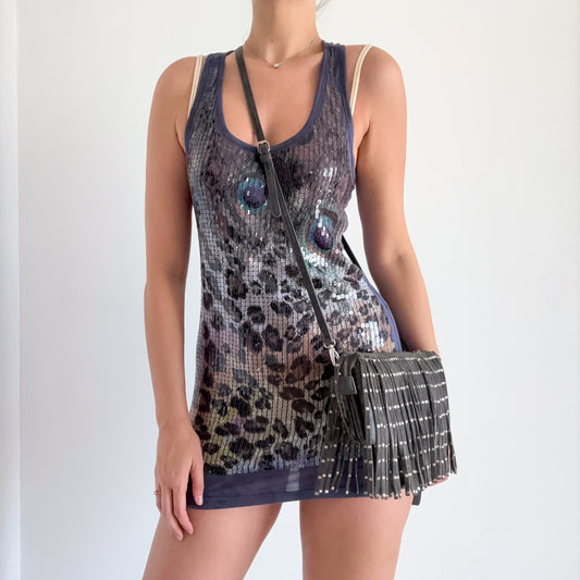 Y2K Blue Animal Print Sequin Mini Dress / S/M