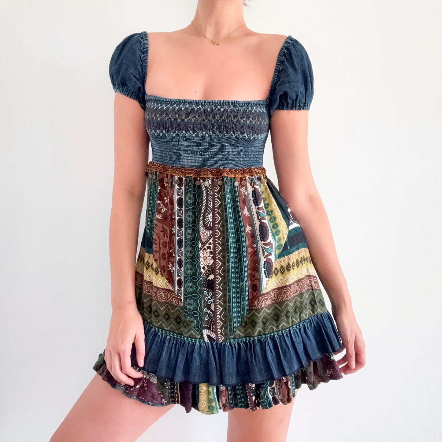 Y2K Dark Denim Printed Gypsy Mini Dress / SZ S