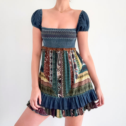 Y2K Dark Denim Printed Gypsy Mini Dress / SZ S