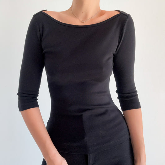 2010's Black Cotton Boat Neck Top / SZ S