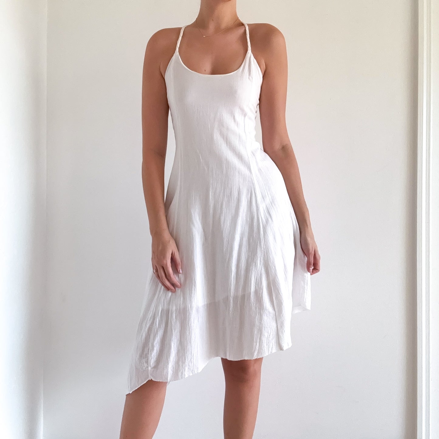 Y2K French White Cotton Asymmetric Midi Dress / SZ S-M