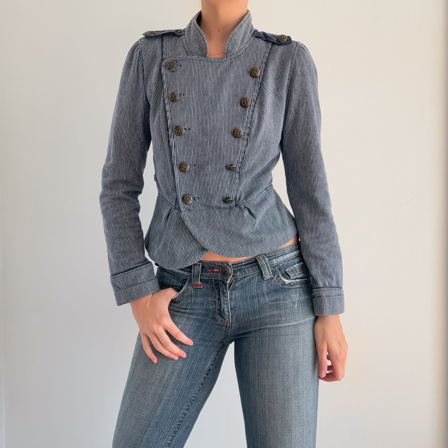 Y2K Navy Striped Military Jacket / SZ M