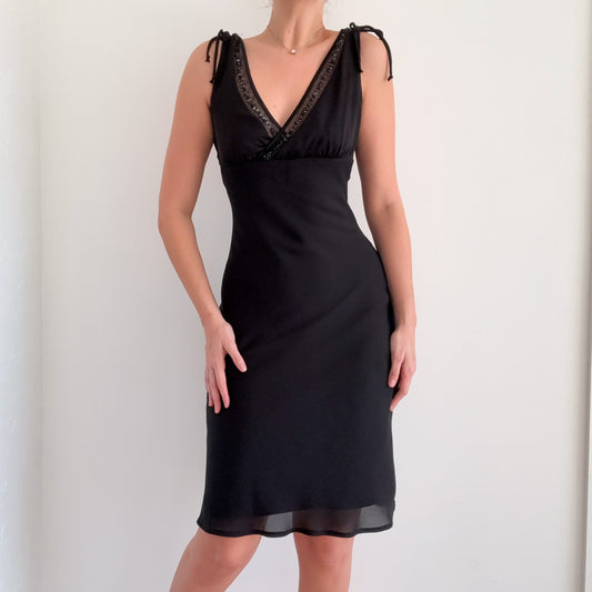 Y2K Black Beaded Chiffon Midi Dress / SZ S
