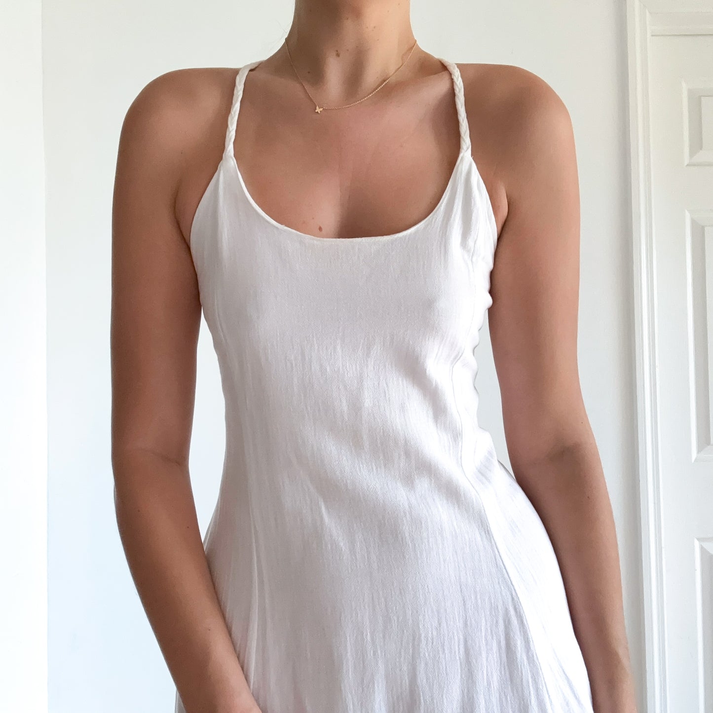 Y2K French White Cotton Asymmetric Midi Dress / SZ S-M