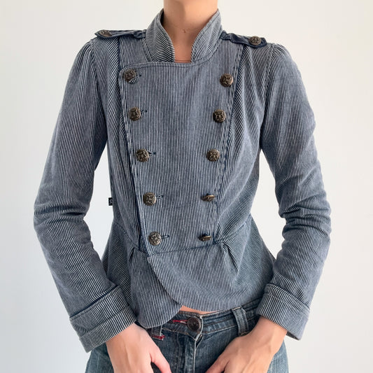 Y2K Navy Striped Military Jacket / SZ M