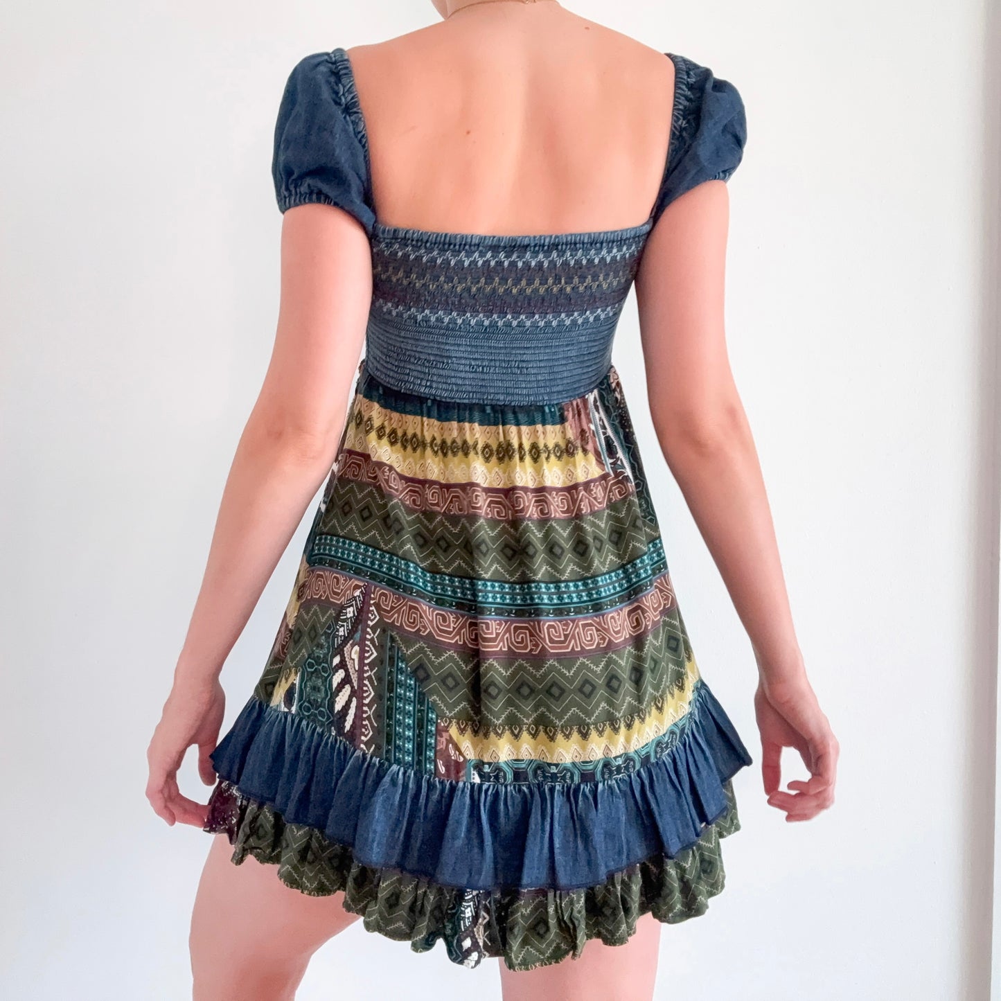 Y2K Dark Denim Printed Gypsy Mini Dress / SZ S