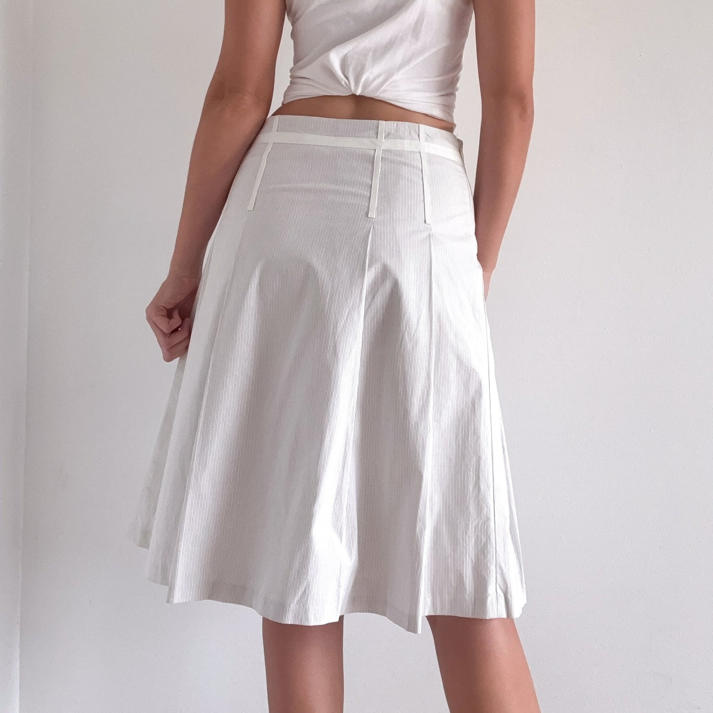 Y2K White Cotton Pinstripe Pleated Midi Skirt / SZ 2-6