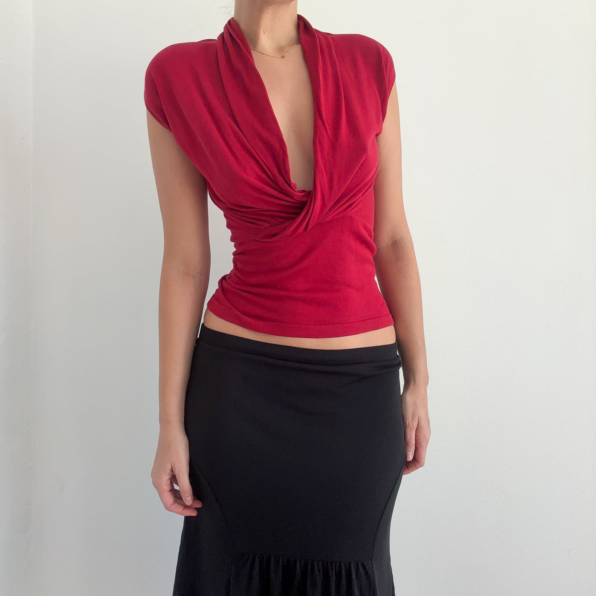 Y2K Red Silk Knit Plunging Top / SZ M