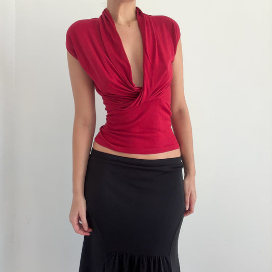 Y2K Red Silk Knit Plunging Top / SZ M