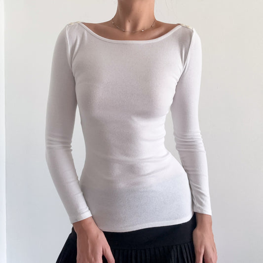 Y2K White Cotton Boat Neck Long Sleeve / SZ XS/S