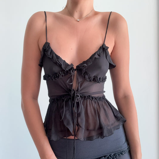 Contemporary Black Sheer Ruffle Tie Top / SZ S