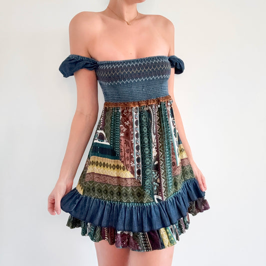 Y2K Dark Denim Printed Gypsy Mini Dress / SZ S